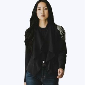 BBula Cropped Fitted Blazer Ruffle Lapel Beaded Embellished Black Size XS